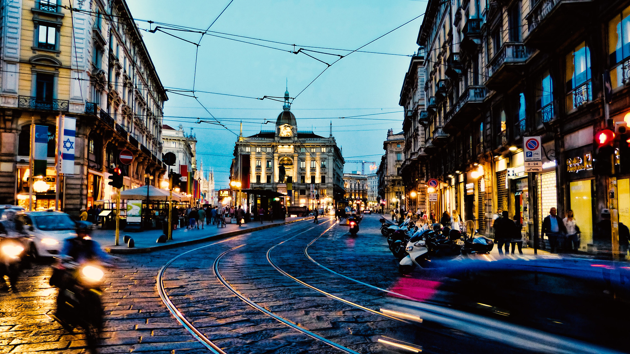 tram via and light in milan